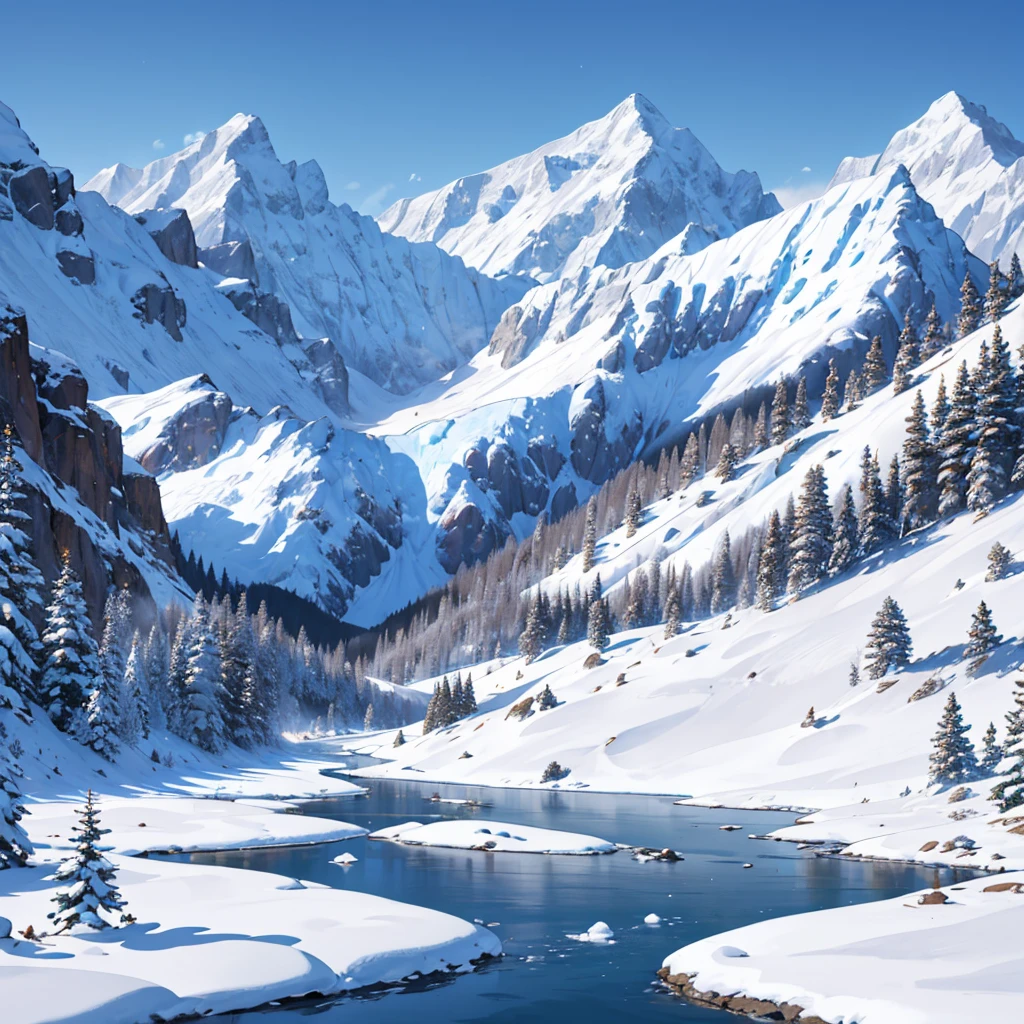 Snow-capped mountain peaks under a bright blue sky. trees, covered with white frost, surround a picturesque valley. In the foreground is a peaceful winter landscape with sparkling snow and a small river, meandering among the mountains. Several people wrapped in warm clothes, enjoying the snowy atmosphere and playing snowballs
