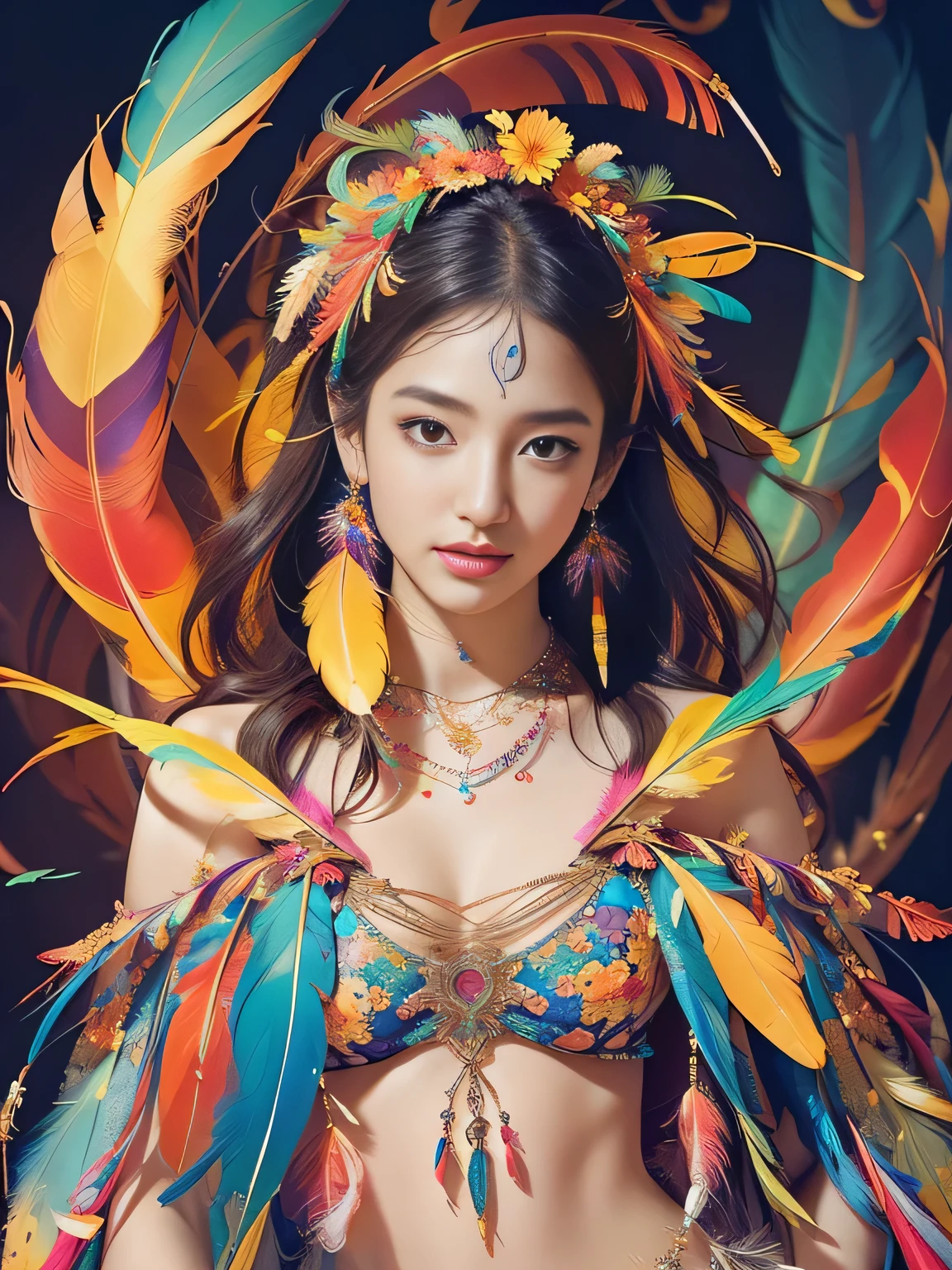 (masterpiece, Highest quality, Highest quality, Official Art, beautifully、beautiful:1.2), (One Girl:1.3), Very detailed,(Fractal Art:1.3),(colorful:1.5)(Flowers:1.3),Most detailed,(Tangled:1.2), whole body, (Abstract background:1.3), (Glowing Skin), (Many colors:1.4), ,(Earrings), (feather:1.5),