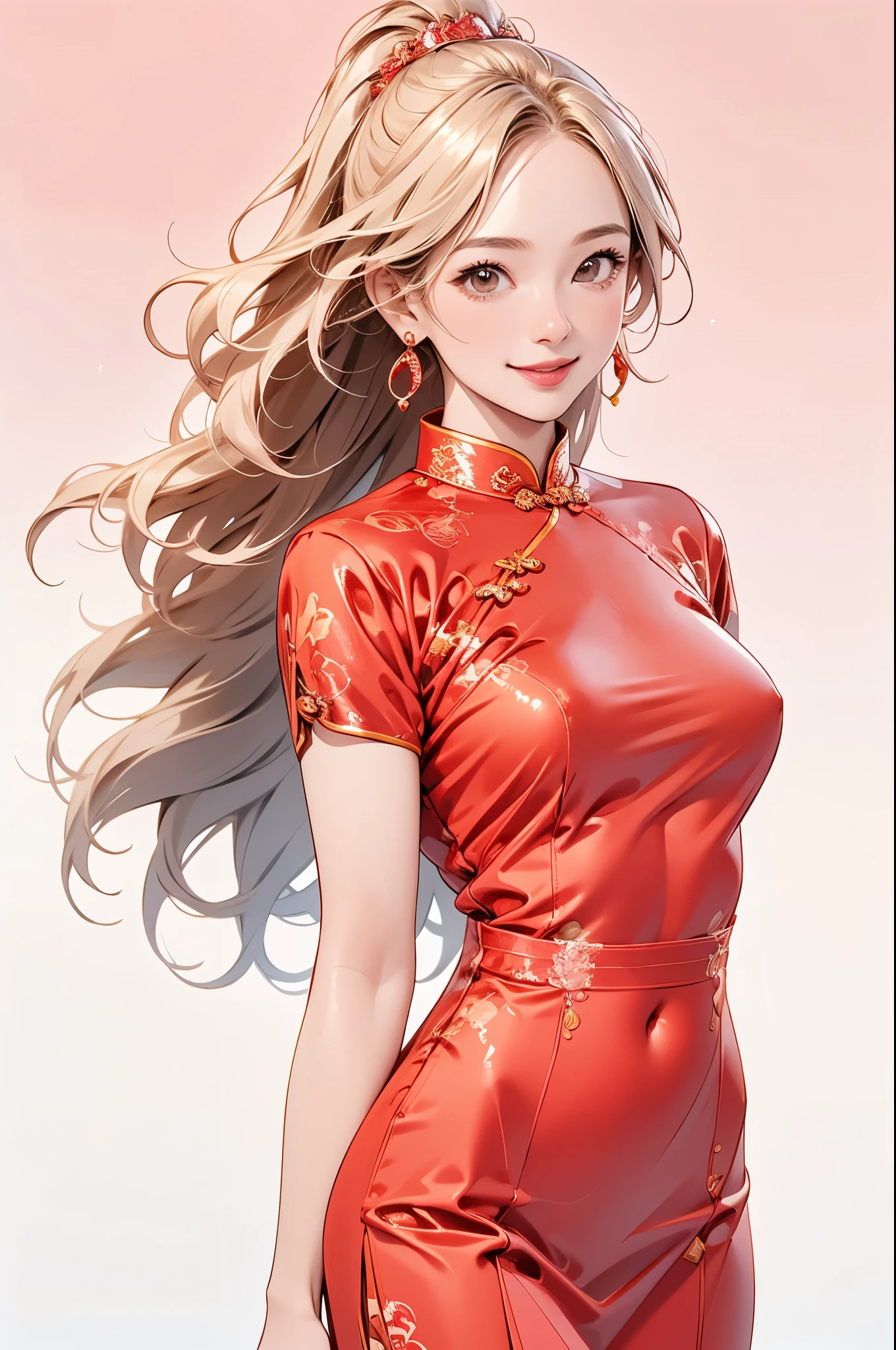 high resolution,smile,happy,light smile,woman,woman1人,adult,Clear,cute, Blonde Hair,BREAK, Brown eyes,BREAK,wavy hair,long hair,BREAK, ((looking at viewer)), Red Chinese dress,BREAK, Sparkly earrings, Facing forward,BREAK,Pink background,