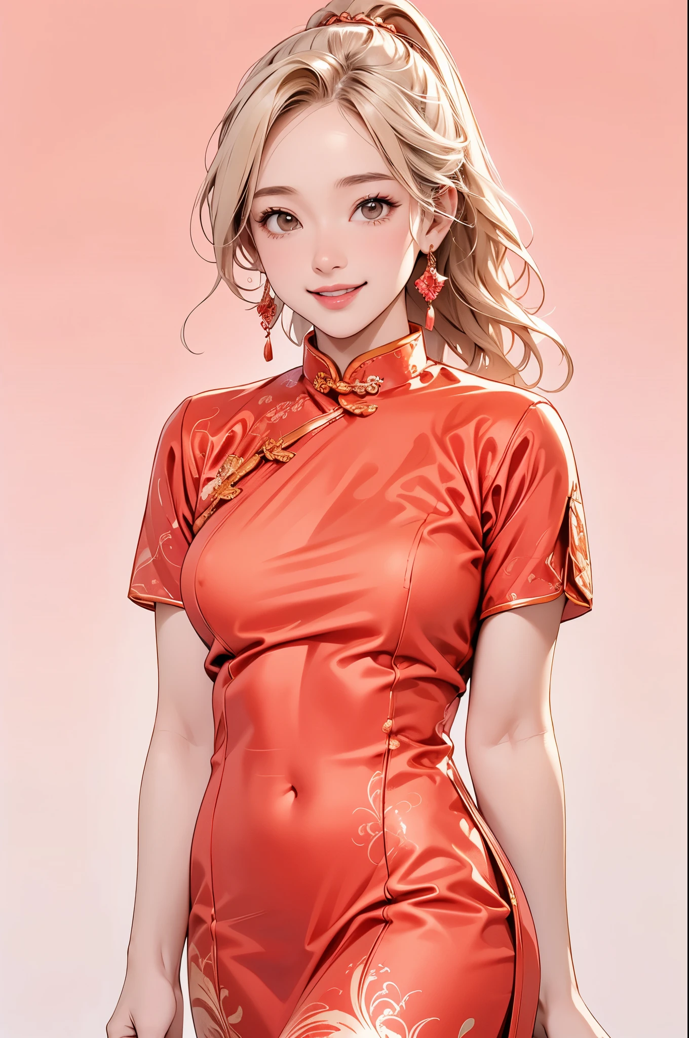 high resolution,smile,happy,light smile,woman,woman1人,adult,Clear,cute, Blonde Hair,BREAK, Brown eyes,BREAK,wavy hair,long hair,BREAK, ((looking at viewer)), Red Chinese dress,BREAK, Sparkly earrings, Facing forward,BREAK,Pink background,