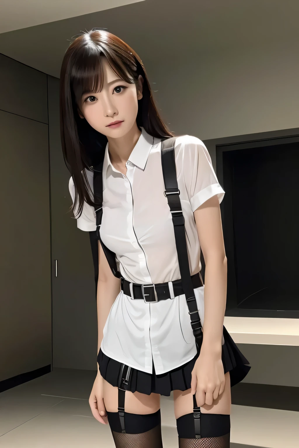 1 female, , high quality, masterpiece, Ultra-high resolution, Cinema Lighting, 1 female, , high quality, masterpiece, Ultra-high resolution, , Cinema Lighting, suspenders Moderate breasts Small face Looking up Sweat Thin belt buzzer 脇Sweat Garter belt Belt on pants holster Hands behind your back Looking up Anxious face Knee-high Knee socks Knee-highソックス garter ふとももにGarter belt Checkered mini skirt Panty shot Skirt gap Armament holster holster Hands behind your back Anxious expression Anxious face, legs apart Armament Leg holster holster See-through clothing heavy rain Rain-soaked dress shirt,