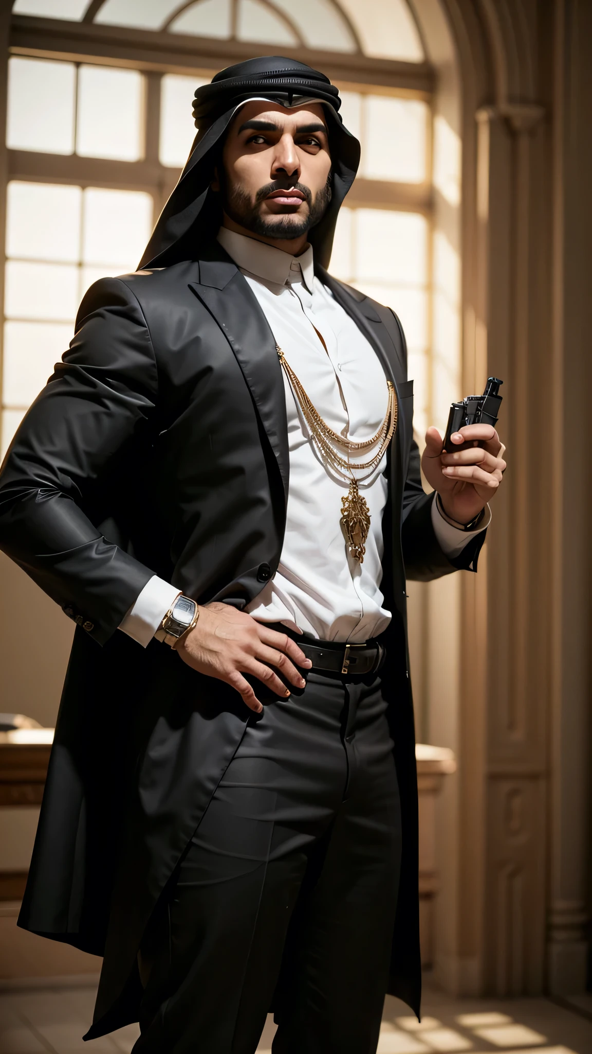 full body standing pose hyperealistic fullbody rich arab man arabian modern style mafia criminal charismatic game character , empty background , holding pistol , (best quality,8k,highres,masterpiece:1.2),ultra-detailed,