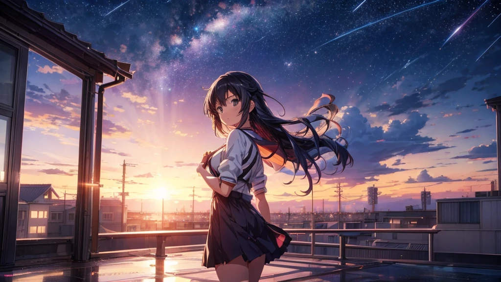 anime girl standing on rooftop looking at night sky with stars, anime wallpaper 4k, anime wallpaper 4 k, 4k anime wallpaper, anime art wallpaper 8 k, anime art wallpaper 4k, anime art wallpaper 4 k, anime style 4 k, makoto shinkai cyril rolando, 4 k manga wallpaper, anime wallpaper, amazing wallpaper, shooting stars