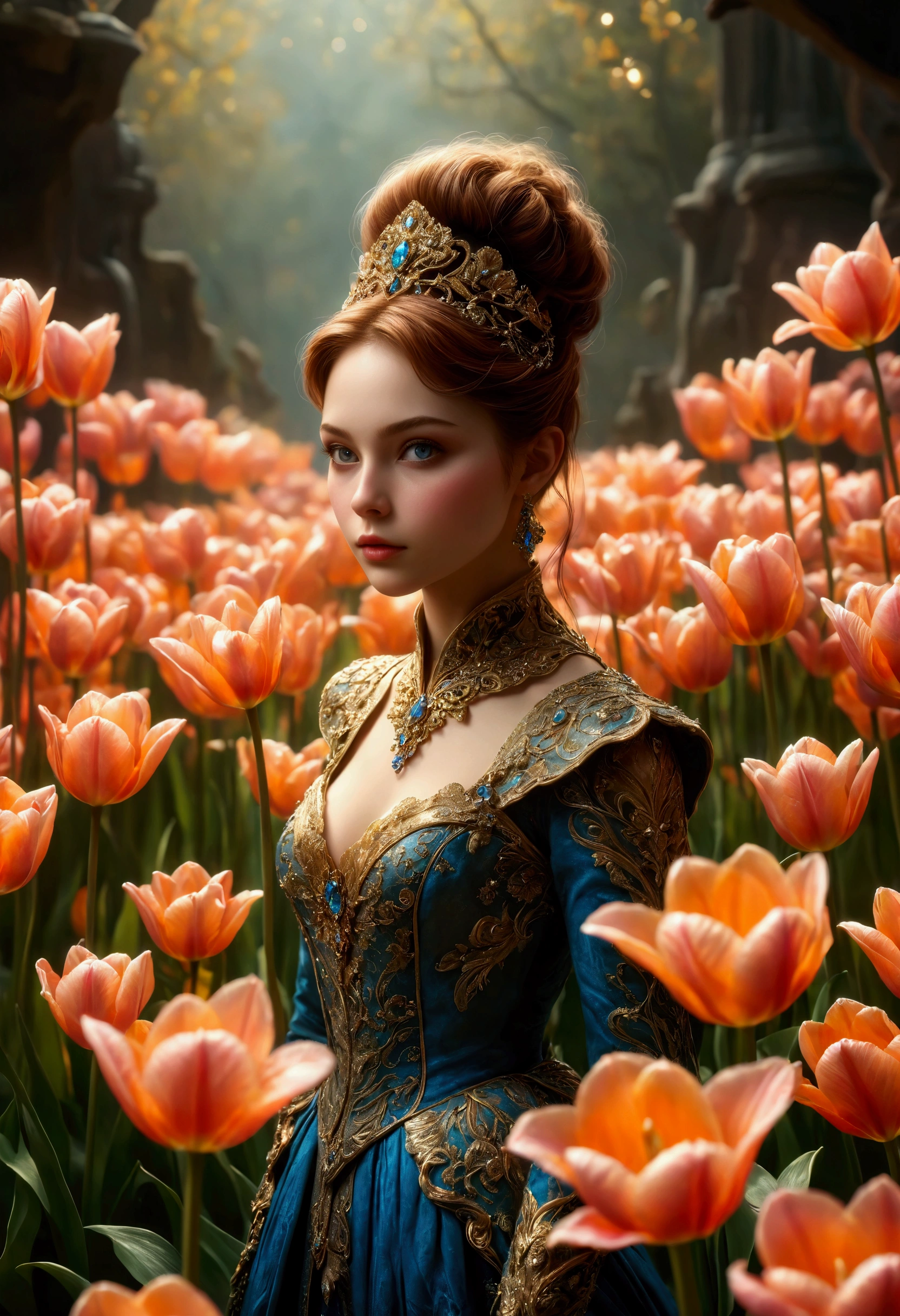 ((Masterpiece in maximum 16K resolution):1.6),((soft_color_photograpy:)1.5), ((Ultra-Detailed):1.4),((Movie-like still images and dynamic angles):1.3). | (Macro shot cinematic photo of beautiful female in a pond full of tulip), (Beautiful Female), (a pond full of tulip), (focus on the pond full of tulip), (macro lens), (exotic antiques), (glowing tulips), (luminous object), (Mysterious atmosphere), (shimmer), (aesthetic  room accesories), (visual experience),(Realism), (Realistic),award-winning graphics, dark shot, film grain, extremely detailed, Digital Art, rtx, Unreal Engine, scene concept anti glare effect, All captured with sharp focus. | Rendered in ultra-high definition with UHD and retina quality, this masterpiece ensures anatomical correctness and textured skin with super detail. With a focus on high quality and accuracy, this award-winning portrayal captures every nuance in stunning 16k resolution, immersing viewers in its lifelike depiction. | ((perfect_composition, perfect_design, perfect_layout, perfect_detail, ultra_detailed)), ((enhance_all, fix_everything)), More Detail, Enhance.
