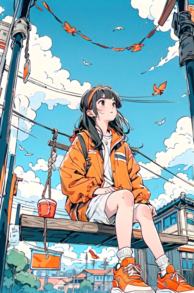 One girl,Orange shoes,alone,Sitting,null,cloud,Outdoor,Black Hair,bird,Upward view,blue null,White socks,Daytime,Orange jacket,building,Long sleeve,leaf,Long Hair,Playing on the swings,red head band,Pump rope,head band,bangs,cloudy null,from_Under,wide_shot,