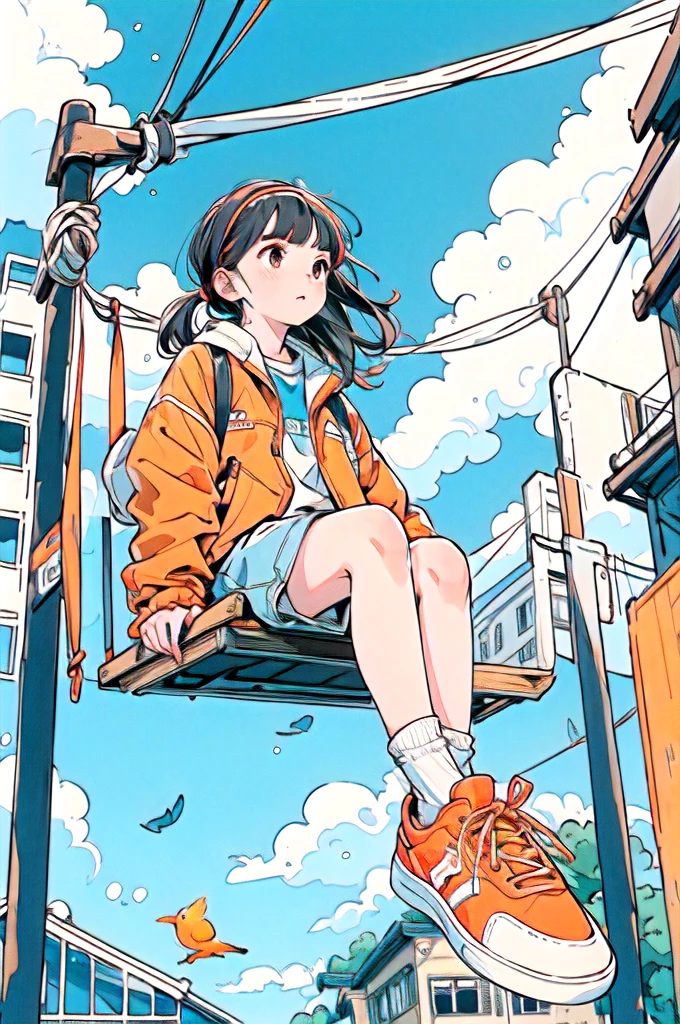 One girl,Orange shoes,alone,Sitting,null,cloud,Outdoor,Black Hair,bird,Upward view,blue null,White socks,Daytime,Orange jacket,building,Long sleeve,leaf,Long Hair,Playing on the swings,red head band,Pump rope,head band,bangs,cloudy null,from_Under,wide_shot,