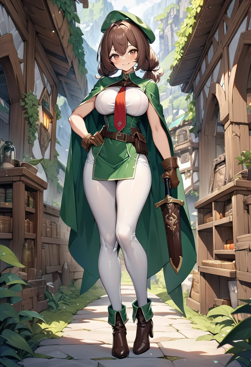 An adventurer guild clerk girl, sexy body, big breasts, big hip, ((green clerk outfit, red necktie, green beret, short cape, white leggings, leather gloves, leather high heels boots, leather belts and pockets, dagger on hips)), (low brown braided-twintail hairstyle: 1), brown eyes, smiling, (cute expression: 1), beautiful face, detailed face, very detailed, beautiful eyes, full body, full body shot, high quality, detailed background, high resolution, 8k resolution, ultra high detail, beautiful skin, perfect body, perfect anatomy, adventurer guild background,