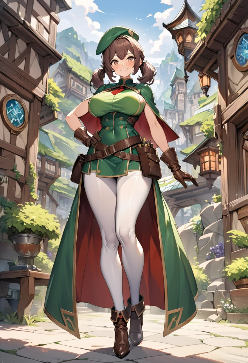 An adventurer guild clerk girl, sexy body, big breasts, big hip, ((green clerk outfit, red necktie, green beret, short cape, white leggings, leather gloves, leather high heels boots, leather belts and pockets, dagger on hips)), (low brown braided-twintail hairstyle: 1), brown eyes, smiling, (cute expression: 1), beautiful face, detailed face, very detailed, beautiful eyes, full body, full body shot, high quality, detailed background, high resolution, 8k resolution, ultra high detail, beautiful skin, perfect body, perfect anatomy, adventurer guild background,