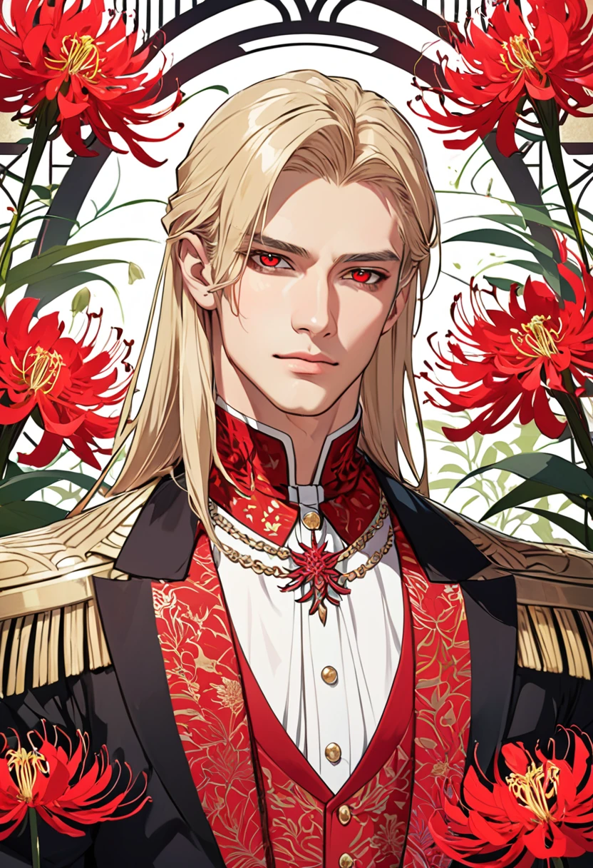 Handsome man with long blonde hair, red eyes, light skin and a king outfit. Strict expression, red spider Lily flower background