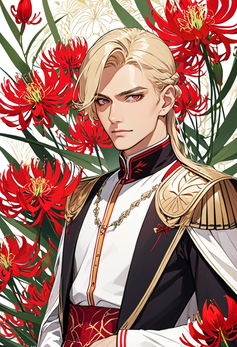 Handsome man with long blonde hair, red eyes, light skin and a king outfit. Strict expression, red spider Lily flower background
