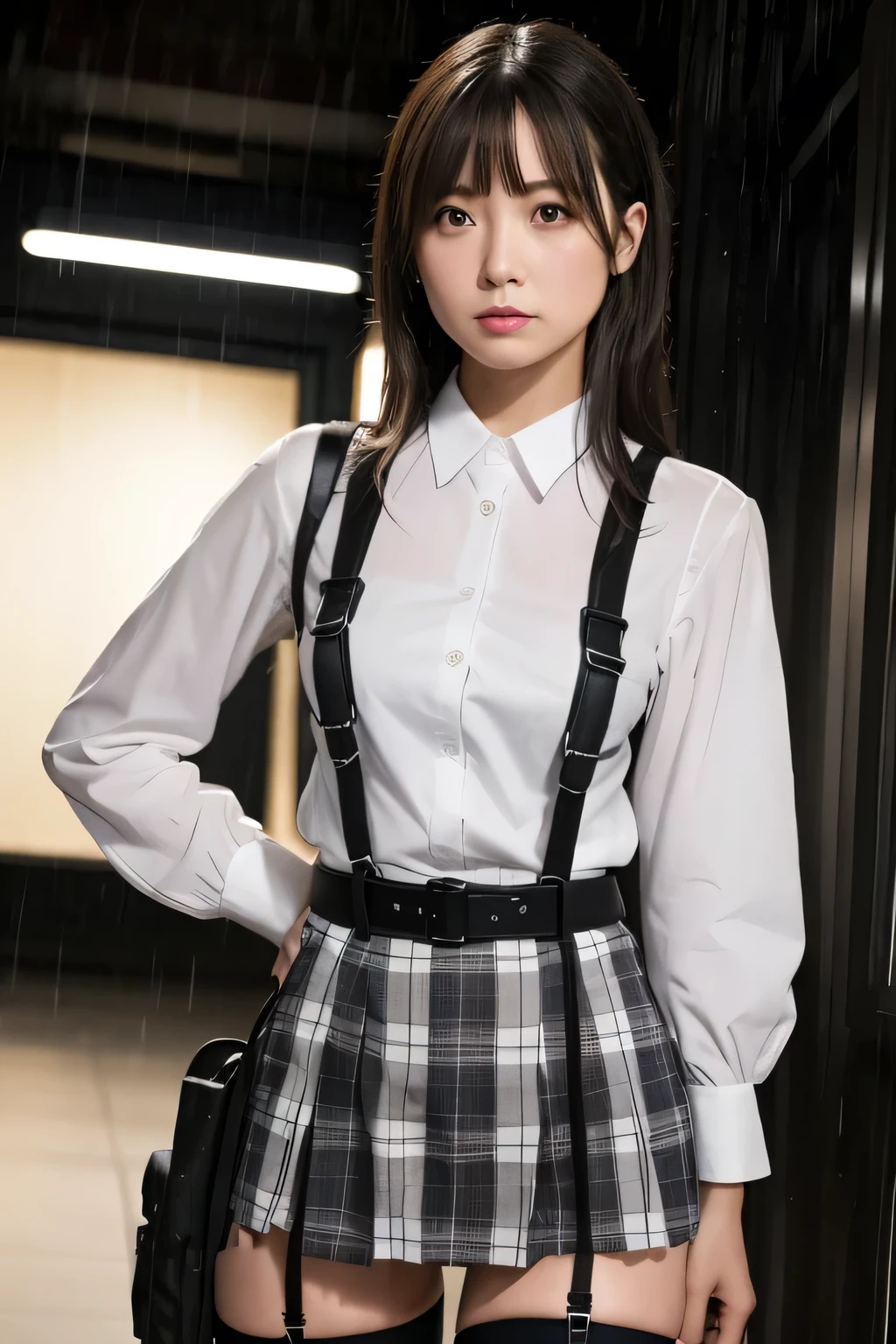1 female, , high quality, masterpiece, Ultra-high resolution, Cinema Lighting, 1 female, , high quality, masterpiece, Ultra-high resolution, , Cinema Lighting, suspenders Moderate breasts Small face Looking up Sweat Thin belt buzzer 脇Sweat Garter belt Belt on pants holster Hands behind your back Looking up Anxious face Knee-high Knee socks Knee-highソックス garter ふとももにGarter belt Checkered mini skirt Panty shot Skirt gap Armament holster holster Hands behind your back Anxious expression Anxious face, legs apart Armament Leg holster holster See-through clothing heavy rain Rain-soaked dress shirt,