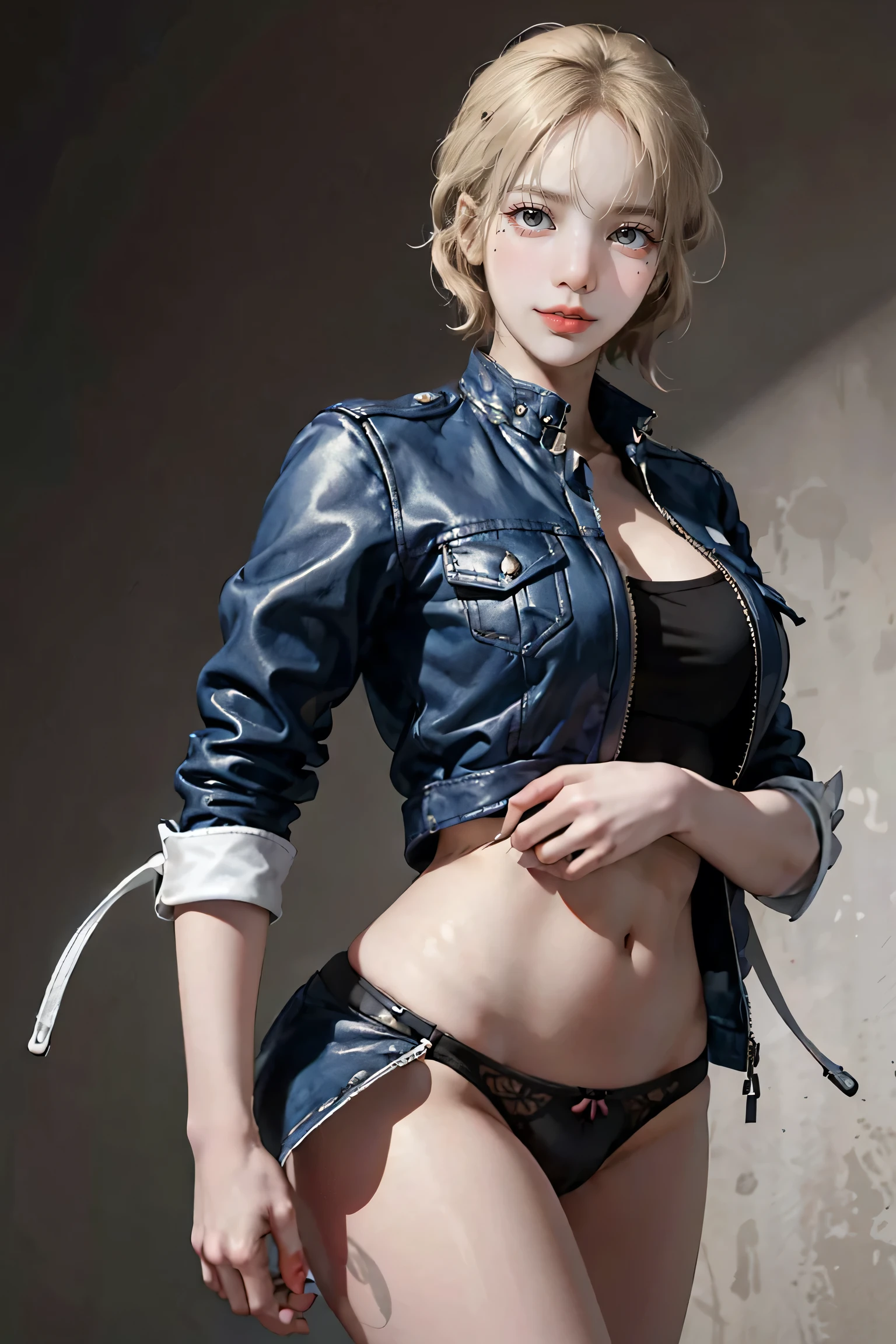 (NSFW:0.8),(((Highest quality: 1.4))),(An unparalleled masterpiece), (Ultra-high resolution),(Ultra-realistic 8K CG), Official Art,(((Large Breasts))), (((Adult body))), (((A girl in a sexual position))), , Punk girl with a perfect body, Jacket with metal spine,Beautiful and well-groomed face,,Detailed punk fashion,leather jacket, (Head to thigh image),(( Blonde, long )), small leather panties, Simon Bisley&#39;s urban brutalist style,Detailed street background of London,Clean ABs, Complex graphics, Deep pink with white stars、Grey and white striped poison tattoo )),