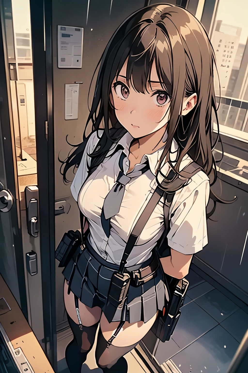 1 female, , high quality, masterpiece, Ultra-high resolution, Cinema Lighting, 1 female, , high quality, masterpiece, Ultra-high resolution, , Cinema Lighting, suspenders Moderate breasts Small face Looking up Sweat Thin belt buzzer 脇Sweat Garter belt Belt on pants holster Hands behind your back Looking up Anxious face Knee-high Knee socks Knee-highソックス garter ふとももにGarter belt Checkered mini skirt Panty shot Skirt gap Armament holster holster Hands behind your back Anxious expression Anxious face, legs apart Armament Leg holster holster See-through clothing heavy rain Rain-soaked dress shirt,