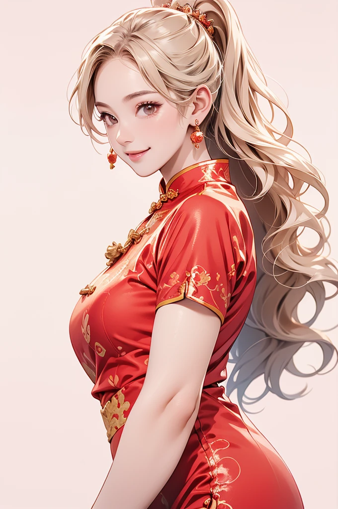 high resolution,smile,happy,light smile,woman,woman1人,adult,Clear,cute, Blonde Hair,BREAK, Brown eyes,BREAK,wavy hair,long hair,BREAK, ((looking at viewer)), Red Chinese dress,BREAK, Sparkly earrings, Facing forward,BREAK,Pink background,