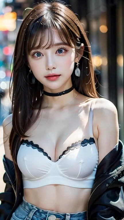 ((Black Jacket、Sheer white tube top bra、Black mini denim skirt))whole body viewing angle、Extraordinary sexy beauty、beautiful, calm and bright look、Sexy and refreshing look、完璧なbeautifulcute顔、Very bright, Bright Blue Eyes、Long bangs between the eyes、Long black hair straight hair、とてもcute、beautifully、Sexy young tiny woman、非常に完璧なbeautifulcute顔、、Real17歳女性、cute,((Small breasts))、(()) And a very slim figure,,,,,、Very thin leganicules、Earrings、Pink Lip、choker、Real、Sexual、Highest quality、Detailed face、Detailed Background、Depth of written boundary、Sexual、alone、night,Highest quality、High resolution、超High resolution(Real:1.4)Detailed eyes、Gradation、Perfect anatomical figure、Woman with perfect body、Highly detailed skin、非常にDetailed face、細部までbeautiful目、Background blur、