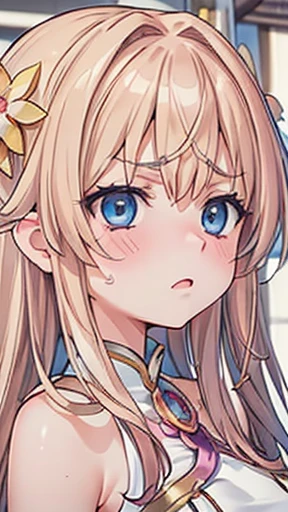 1 Female,Golden Hair,12 years old ,((Annoyed expression)),Beautiful breasts,(((Sexy magical girl white and blue high-leg bodysuit)))(())(((Blushing、Surprised expression)),((())),((( Portrait))),blue eyes,(((The front hair is even)))()street,crowd(Magical Girl Hair Ornament)