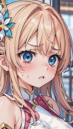 1 female,Blonde, ,((Annoyed expression)),Beautiful breasts,,Large Breasts、naked、Nipples、(())(((blush、Surprised expression)),((())),((( Portraiture))),blue eyes,(((The bangs are uniform)))()street,crowd(Magical Girl Hair Ornament)