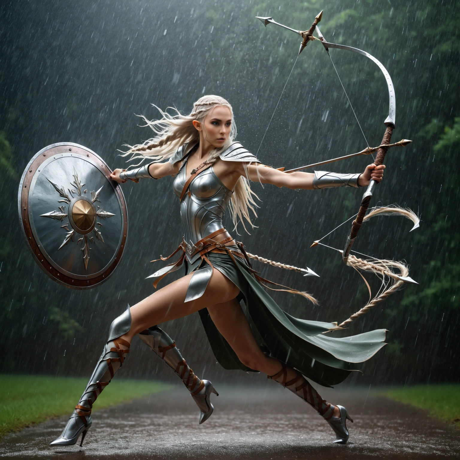 slow exposure image of a {1elven stunning pose, warrior, swinging the sword in circle swing, photo_model pose, holding sword, bright shining(ARMOR AND SHIELD), perfect proportional anatomy, elven with high heels, silver long hair, multi braid hair, bright shining armor, rain of arrows, jumping attack stance battlefight, UHD, intricate detailed, 8k, best quality ever, masterpiece, super detailed, unleashed creativity, beyond imagination, dramatic light, gradient motion color background}, rough, massive rain arrows background, arrows rain, weathered and textured, slow shutter speed motion photography, shot on Fuji Film XT4 camera f/1.5. ISO 200