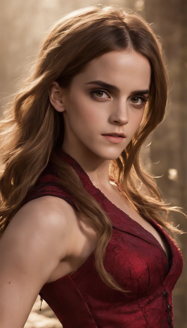 Emma Watson Long Hair, Big Breasts, sexy, red slit Dress, portrays Hermione Granger killing evil witch, dynamic scene