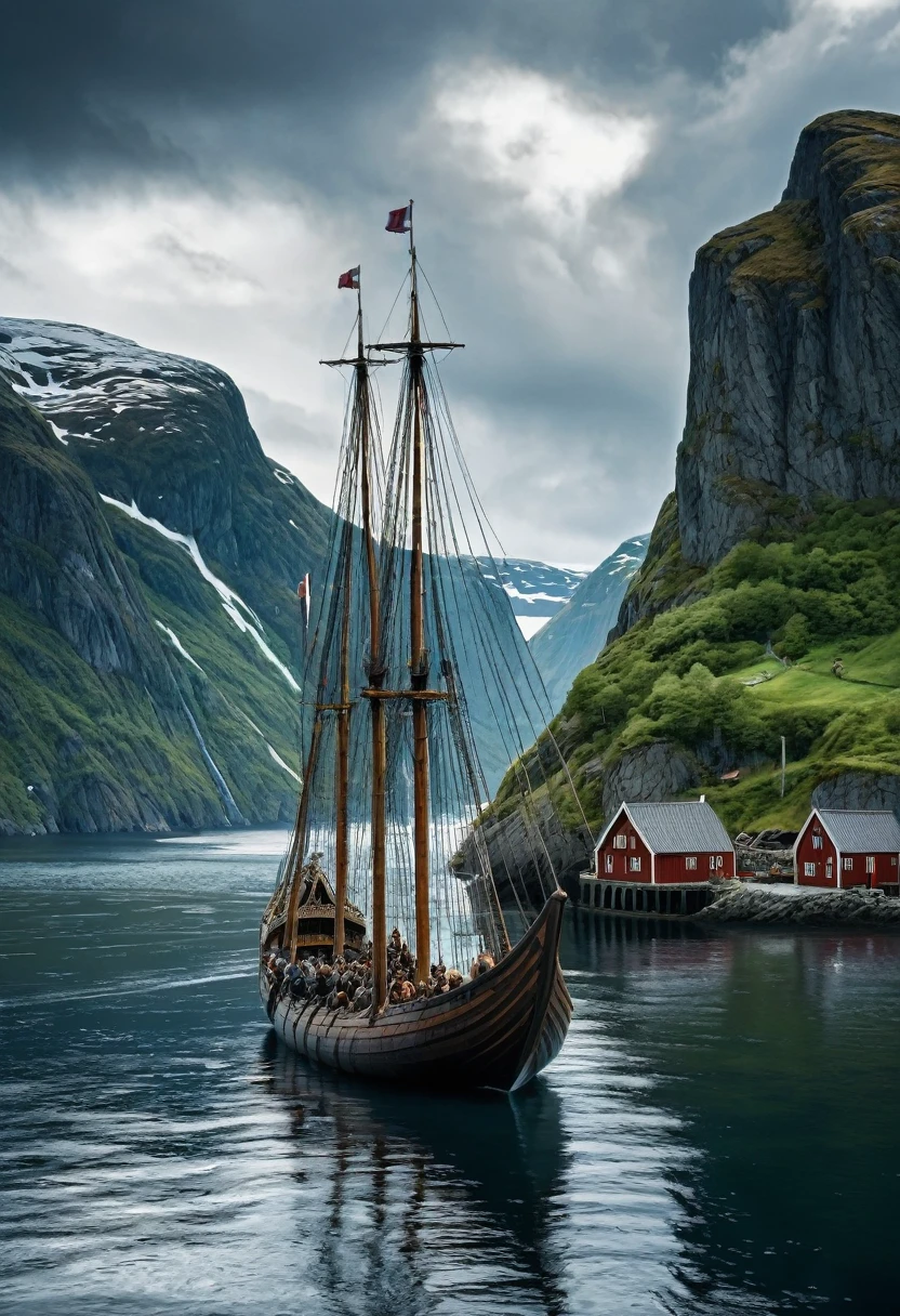 8K quality, ultra-high definition, a harbor deep in a Norwegian fjord, Viking men and women, a Viking harbor, a Viking village, a Viking fort, a fort made of stone and wood, two Viking ships moored in the harbor, the Viking ships have their sails furled, round shields are lined up on the sides, a dragon is decorated on the bow, the rock surface of the fjord is whitish, the sea in the cove is deep blue, several Viking men and women are working around the ship, the weather is cloudy, black clouds, a ray of sunlight shines through a slit in the clouds to illuminate the ship, a cold wind is blowing,