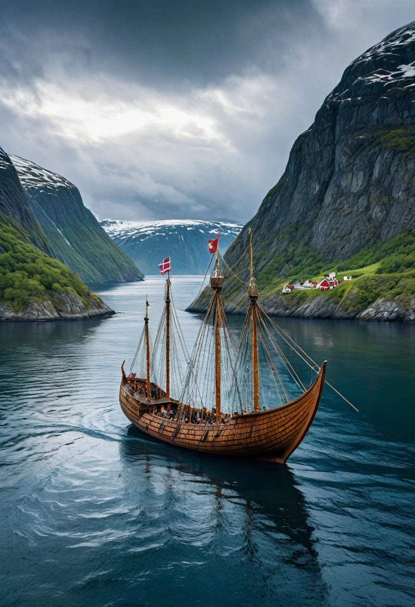 8K quality, ultra-high definition, a harbor deep in a Norwegian fjord, Viking men and women, a Viking harbor, a Viking village, a Viking fort, a fort made of stone and wood, two Viking ships moored in the harbor, the Viking ships have their sails furled, round shields are lined up on the sides, a dragon is decorated on the bow, the rock surface of the fjord is whitish, the sea in the cove is deep blue, several Viking men and women are working around the ship, the weather is cloudy, black clouds, a ray of sunlight shines through a slit in the clouds to illuminate the ship, a cold wind is blowing,