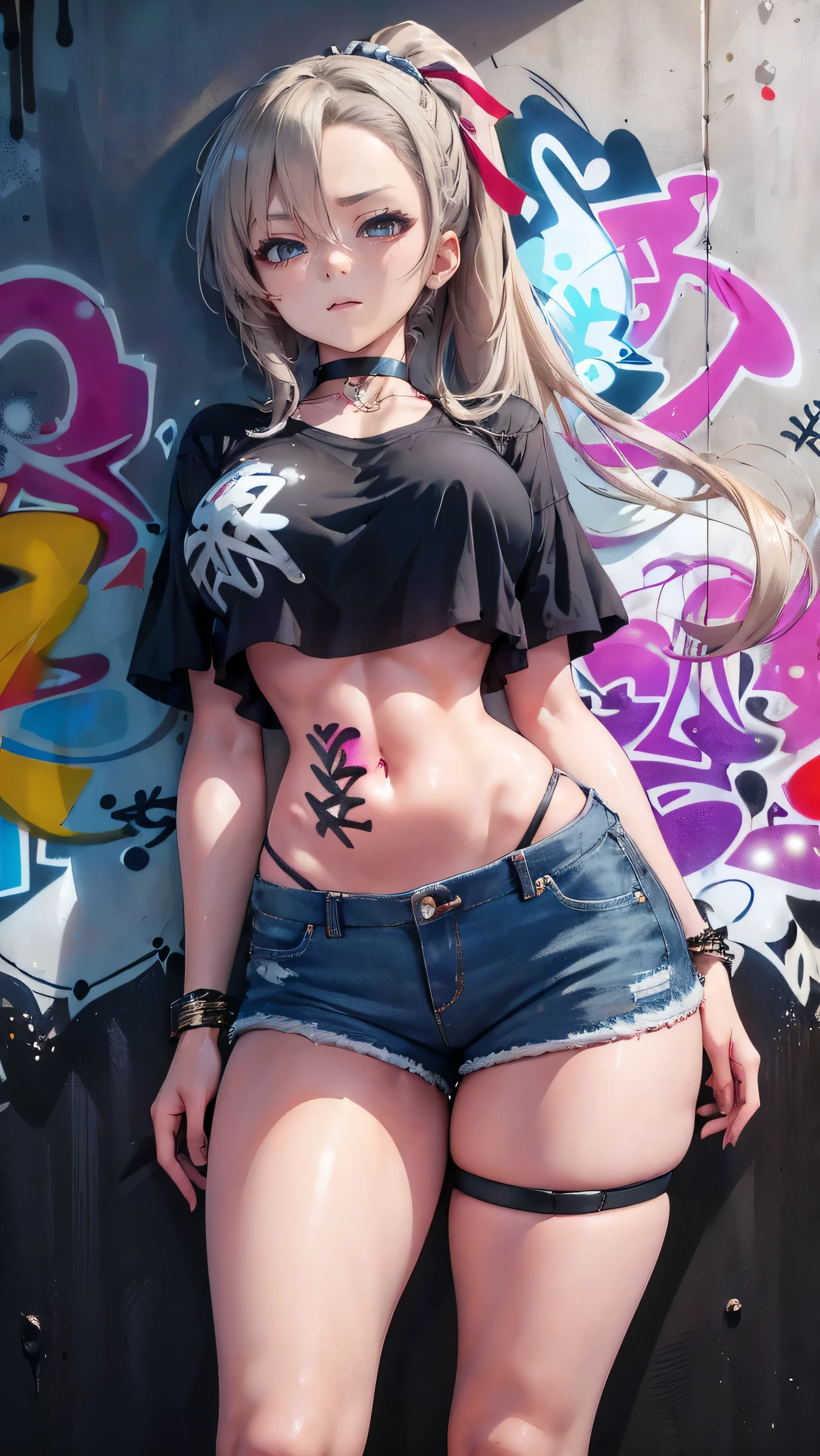 Ichinose Asuna, masterpiece, bestquality, 1girls, (large breasts), long-haired ,Ponytail, bara, crop top, shorts jeans, choker, (Graffiti:1.5), Splash with purple lightning pattern., arm behind back, against wall, Look at the audience from behind., bracelet, Thigh strap, Head tilt, bored, Ponytail, water eyes,