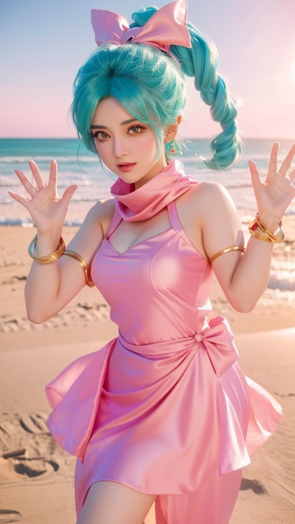 Arabian woman in pink dress posing on the beach, Bulma from Dragon Ball, Saiyan Girl, Realistic Anime 3D Style, Anime Style. 8k, Anime Girl Cosplay, Anime Styled 3d, Anime Cosplay, 8k)), Trending on cgstation, beautiful!!!!!! Goddess, Gweiz-style artwork, Portrait of a girl in the Knights of the Zodiac