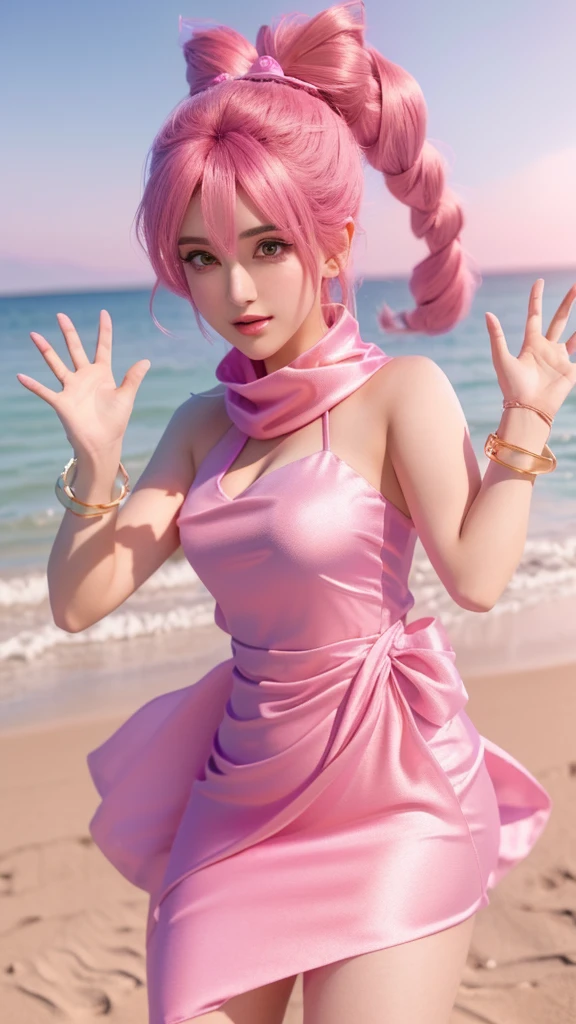 Arabian woman in pink dress posing on the beach, Bulma from Dragon Ball, Saiyan Girl, Realistic Anime 3D Style, Anime Style. 8k, Anime Girl Cosplay, Anime Styled 3d, Anime Cosplay, 8k)), Trending on cgstation, beautiful!!!!!! Goddess, Gweiz-style artwork, Portrait of a girl in the Knights of the Zodiac