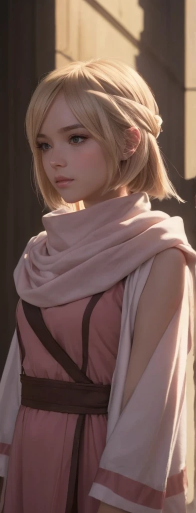 masterpiece), best quality, high resolution blonde 1girl bob cut medium hair standing alone cowl headband profile image looking at viewer beautiful eyes beautiful face extremely detailed pink clothing girly