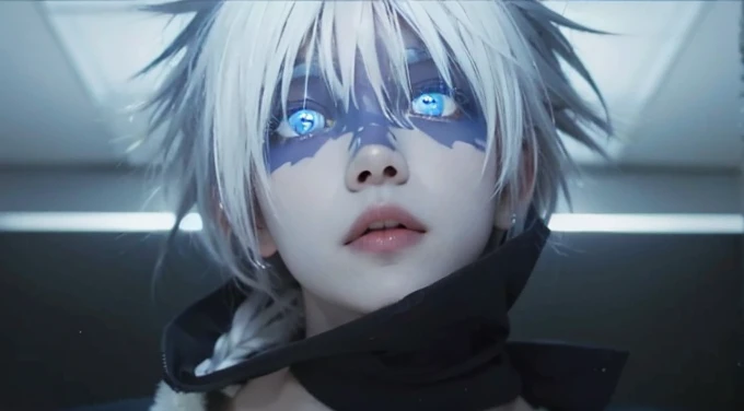 Satoru gojo, white hair , blue eyes , soft light 