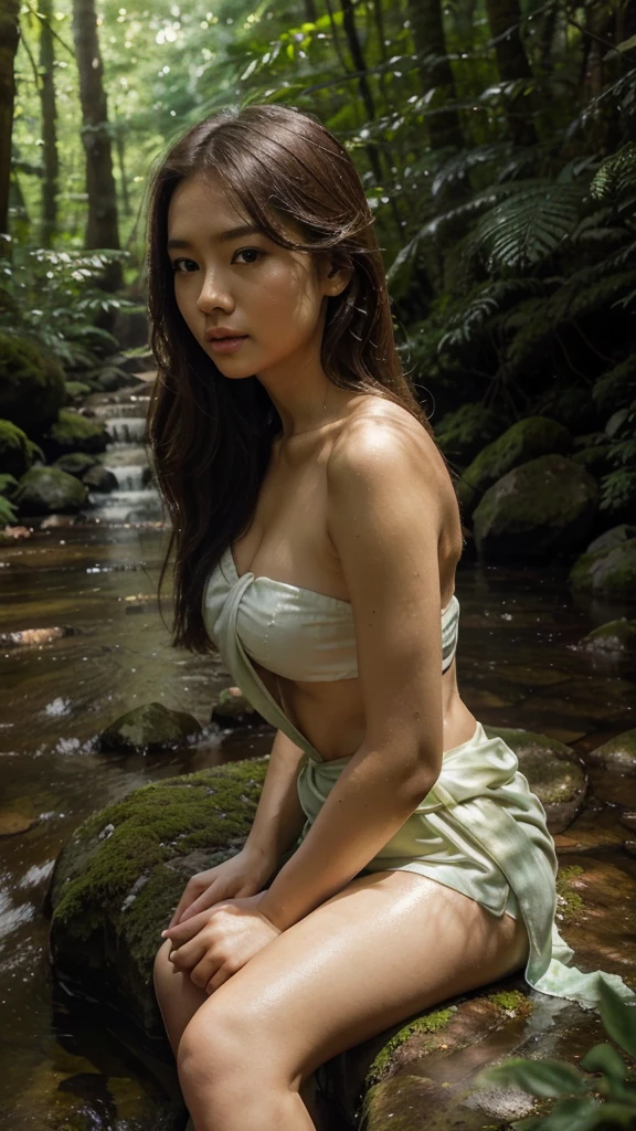 💐💐Korean masterpieces of the best quality., High Quality, Highly detailed Unity 8K CG wallpaper..  (realistic photo: 1.3) (raw picture: 1.2) The woman&#39;s body has medium breasts., bare breasts, Full and natural breasts, Smooth skin whitening, Straight buttocks, earrings, profit, แถมที่คาดผมModelโบว์และสร้อยคอรูปหัวใจ ((Model)) (  Tight yellow tank top: 1) (กางเกงขาสั้นModelสุ่ม: 1) (Views of lush forests, thick trees, and dark streams at night. (( movie light )) Surreal 10, RAW photography, grain of film, ultra-high resolution (( Model )) (( front angle )) ((Shoot a full wide angle ))  (( ))🔞🔞🔞🔞