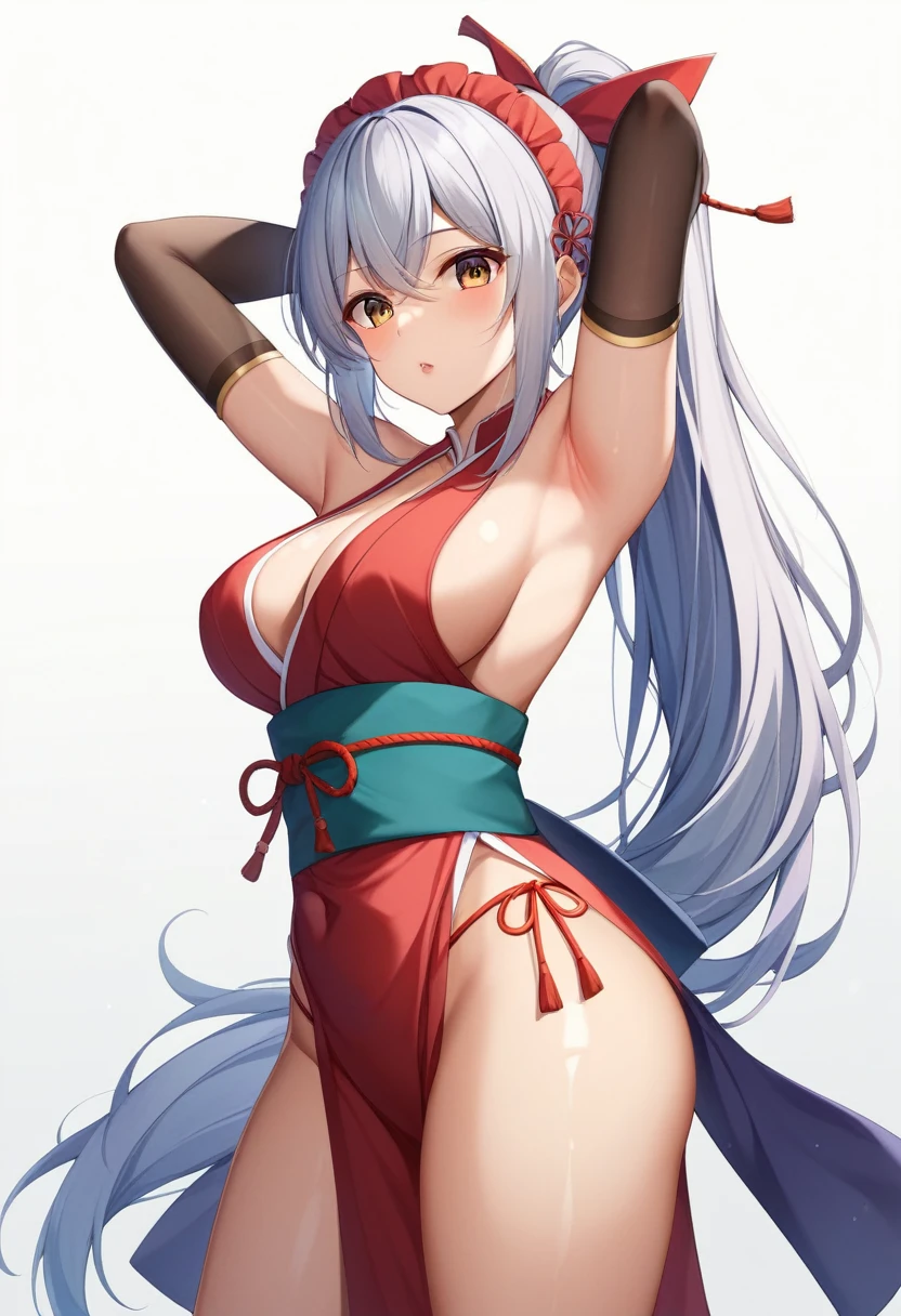 One Girl、Long Hair、Slightly large chest、(Slightly large chest:1.4)、Thighsが太い、(Thighsが太い:1.2)、Silver Hair、Golden Eyes、frilled hairband、White background、Cleavage、Exposed shoulders、Brown eyes、Are standing、clavicle、whole body、ponytail、Thighs、Open lips、kimono、Shiny、Raise your arms、Shiny Hair、Shiny skin、open bangs、band、高いponytail、Revealing clothing、rope、Pelvic Curtain、Ninja、Back view