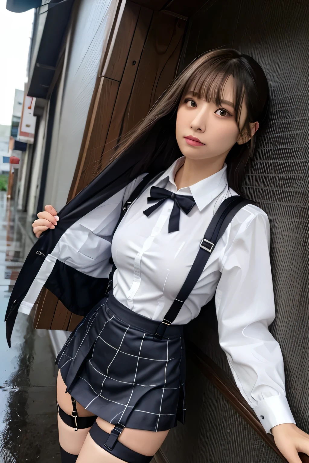 1 female, , high quality, masterpiece, Ultra-high resolution, Cinema Lighting, 1 female, , high quality, masterpiece, Ultra-high resolution, , Cinema Lighting, suspenders Moderate breasts Small face Looking up Sweat Thin belt buzzer 脇Sweat Garter belt Belt on pants holster Hands behind your back Looking up Anxious face Knee-high Knee socks Knee-highソックス garter ふとももにGarter belt Checkered mini skirt Panty shot Skirt gap Armament holster holster Hands behind your back Anxious expression Anxious face, legs apart Armament Leg holster holster See-through clothing heavy rain Rain-soaked dress shirt,
