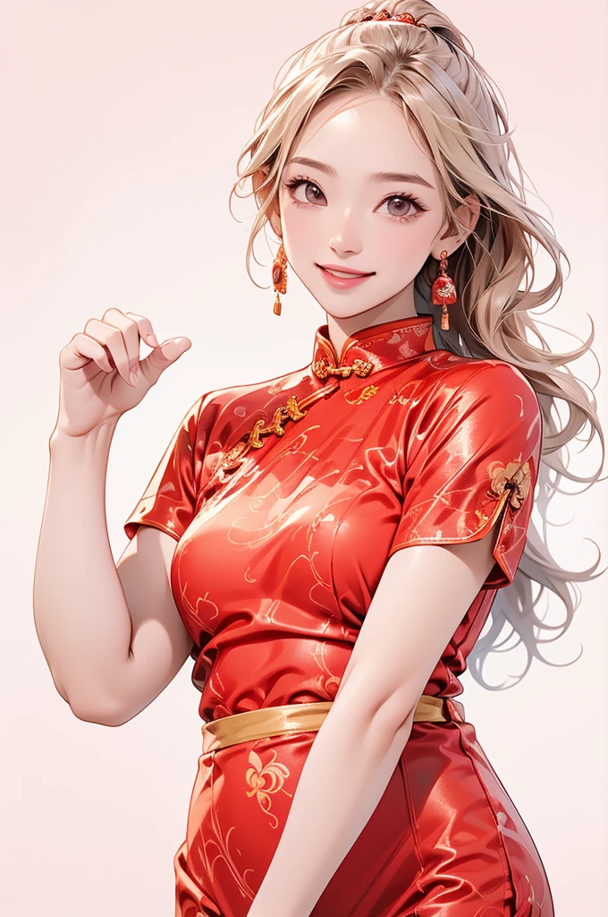 high resolution,smile,happy,light smile,woman,woman1人,adult,Clear,cute, Blonde Hair,BREAK, Brown eyes,BREAK,wavy hair,long hair,BREAK, ((looking at viewer)), Red Chinese dress,BREAK, Sparkly earrings, Facing forward,BREAK,Pink background,