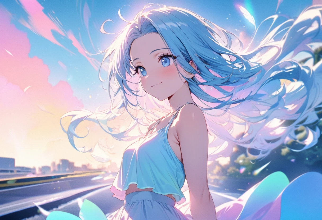 (Pastel color art style) (double exposure pastel color), (solo:2, 15 yo) (beautiful detailed forehead) (beautiful pastel blue hair long hair) (immensely cute girl) (detailed lovely blue eyes) (best smile) (smal tits), in a pastel blue summer casual tank top with double exposure many Feather of light, break, in the road, background beautiful detailed pastel sea, BREAK, perfect anatomy, masterpiece, best quality, 16k, beautiful detailed grow, daydreaming expression.