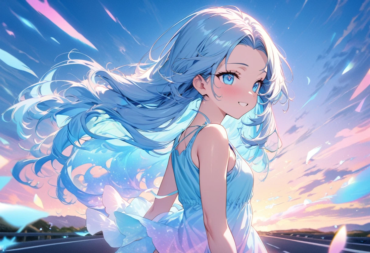 (Pastel color art style) (double exposure pastel color), (solo:2, 15 yo) (beautiful detailed forehead) (beautiful pastel blue hair long hair) (immensely cute girl) (detailed lovely blue eyes) (best smile) (smal tits), in a pastel blue summer casual tank top with double exposure many Feather of light, break, in the road, background beautiful detailed pastel sea, BREAK, perfect anatomy, masterpiece, best quality, 16k, beautiful detailed grow, daydreaming expression.