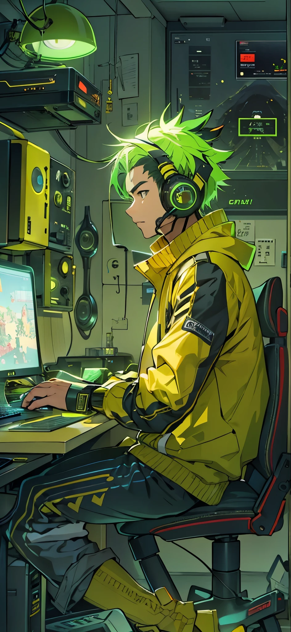 Inspired by the MBTI adventurer、A man in yellow clothes playing video games on a powerful computer in his room。Cyber chic, stylish and cool。