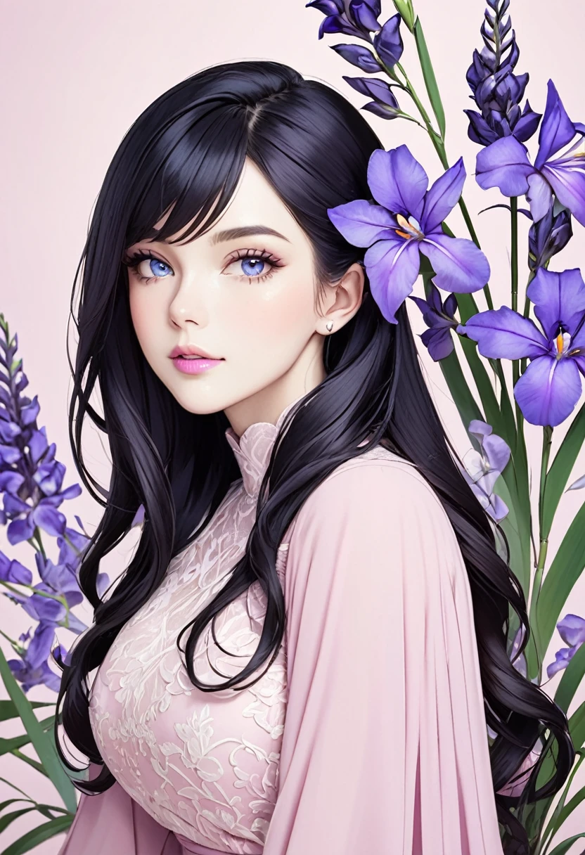 Beautiful grown-up woman with long black hair, side-swept bangs, blue eyes, light pink lips, fair skin. Elegant but modest light pink dress. Purple iris flower background