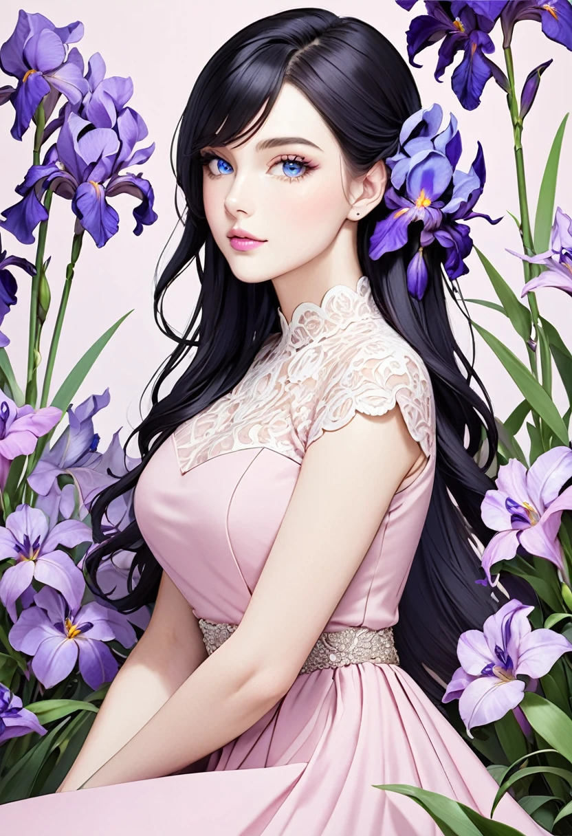 Beautiful grown-up woman with long black hair, side-swept bangs, blue eyes, light pink lips, fair skin. Elegant but modest light pink dress. Purple iris flower background
