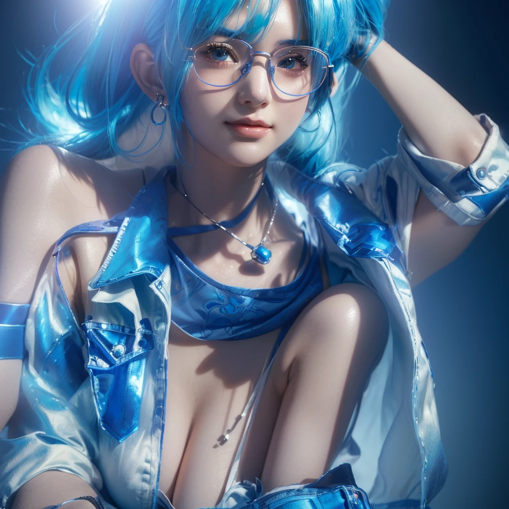 Afed woman with blue hair and glasses poses for a photo, Bulma from Dragon Ball, Realistic Anime 3D Style, Gweiz-style artwork, Anime Style. 8k, Anime realism style, Real life anime girls, Realistic anime art style, Anime Style mixed with fujifilm, Photorealistic anime girl rendering, Inspired by anime, Lostland Style