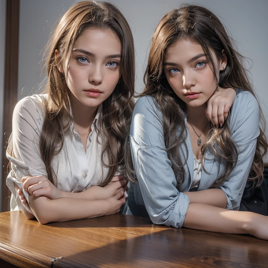 A beautiful Anime girl who was sitting on a wooden desk, she was cupping her head with her hand, slightly tilting toward the right. Her expression was super tired and at the same time angry or frustrated, there is dark bags below her eyes. She had long hairs which colored light blue-silver, her eyes were pale gold and her lips were plump and red. She had snow-like skin and wore a business suit