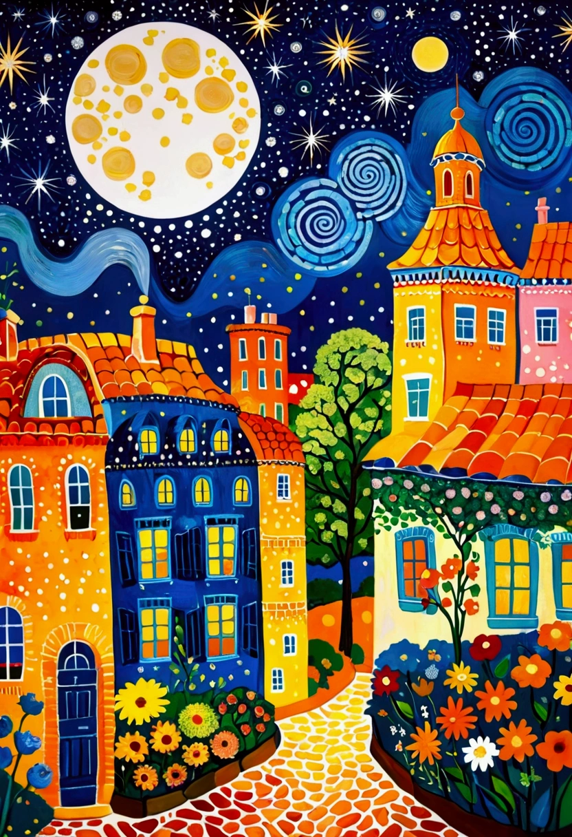 A painting depicting a night scene of a city and a full moon, author:Camille Bombois, author Jean Hey, Paul Signac (Paul Signac) of inspiration, 受到莫里斯·丹尼斯of inspiration, Inspired by Michel Delacroix, starry night, inspired author:Camille Bombois, 在starry night里, Inspired by Georges Lacombe, author Pierre Roy, Inspired by Marianne von Werefkin