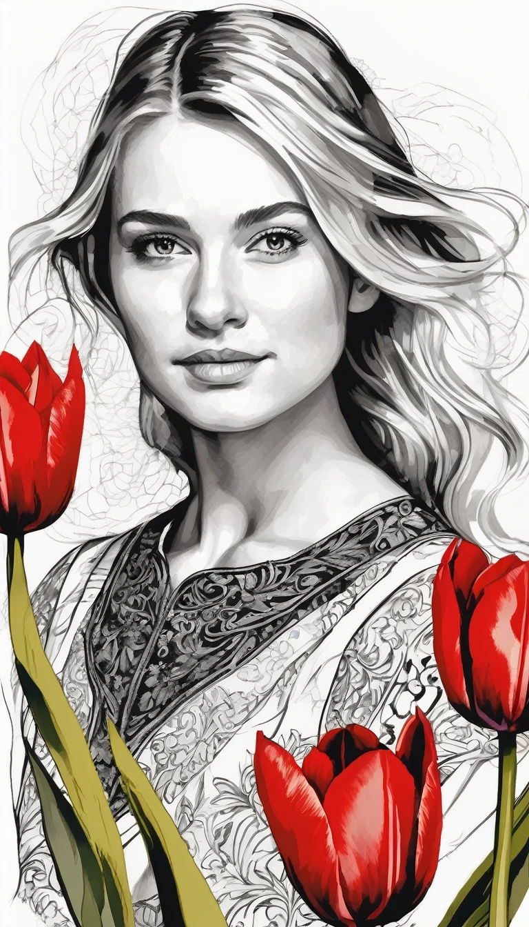 Black ink art, black and white and red  painting, portrait of young woman with straight blond hair and national netherland dress, with tulip, lots of tulip, red tulip, detailed face and body and background, game of lights and shadows