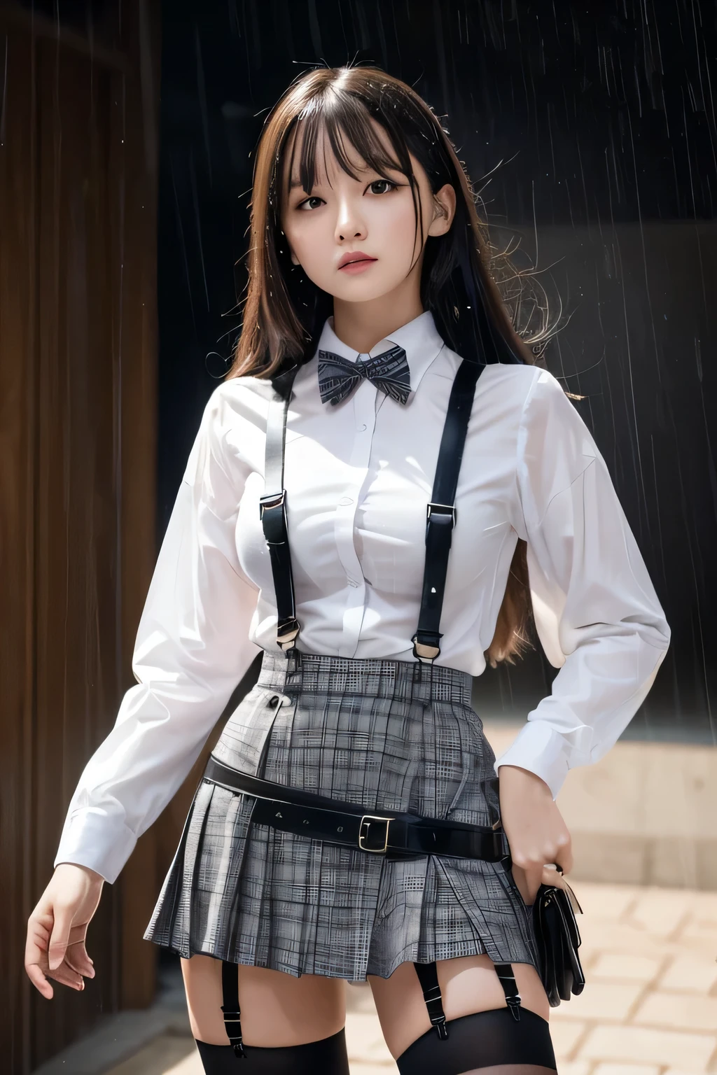 1 female, , high quality, masterpiece, Ultra-high resolution, Cinema Lighting, 1 female, , high quality, masterpiece, Ultra-high resolution, , Cinema Lighting, suspenders Moderate breasts Small face Looking up Sweat Thin belt buzzer 脇Sweat Garter belt Belt on pants holster Hands behind your back Looking up Anxious face Knee-high Knee socks Knee-highソックス garter ふとももにGarter belt Checkered mini skirt Panty shot Skirt gap Armament holster holster Hands behind your back Anxious expression Anxious face, legs apart Armament Leg holster holster See-through clothing heavy rain Rain-soaked dress shirt,