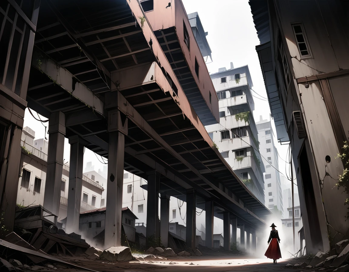 Low-angle shot of a lone stiltwalker navigating through the desolate, abandoned town on the lowest level of the layered city. The only illumination comes from the eerie glow of the infrared-sensing night vision scope, casting an otherworldly light on the crumbling buildings and dusty streets. The camera follows the stiltwalker's steady pace, the creaking of their stilts echoing through the darkness. The air is thick with the haze of neglect and decay, as if the very city itself is suffocating under its own weight., masterpiece, Realistic, raw photo, incredibly absurd resolution, absolute resolution, super high resolution,16k