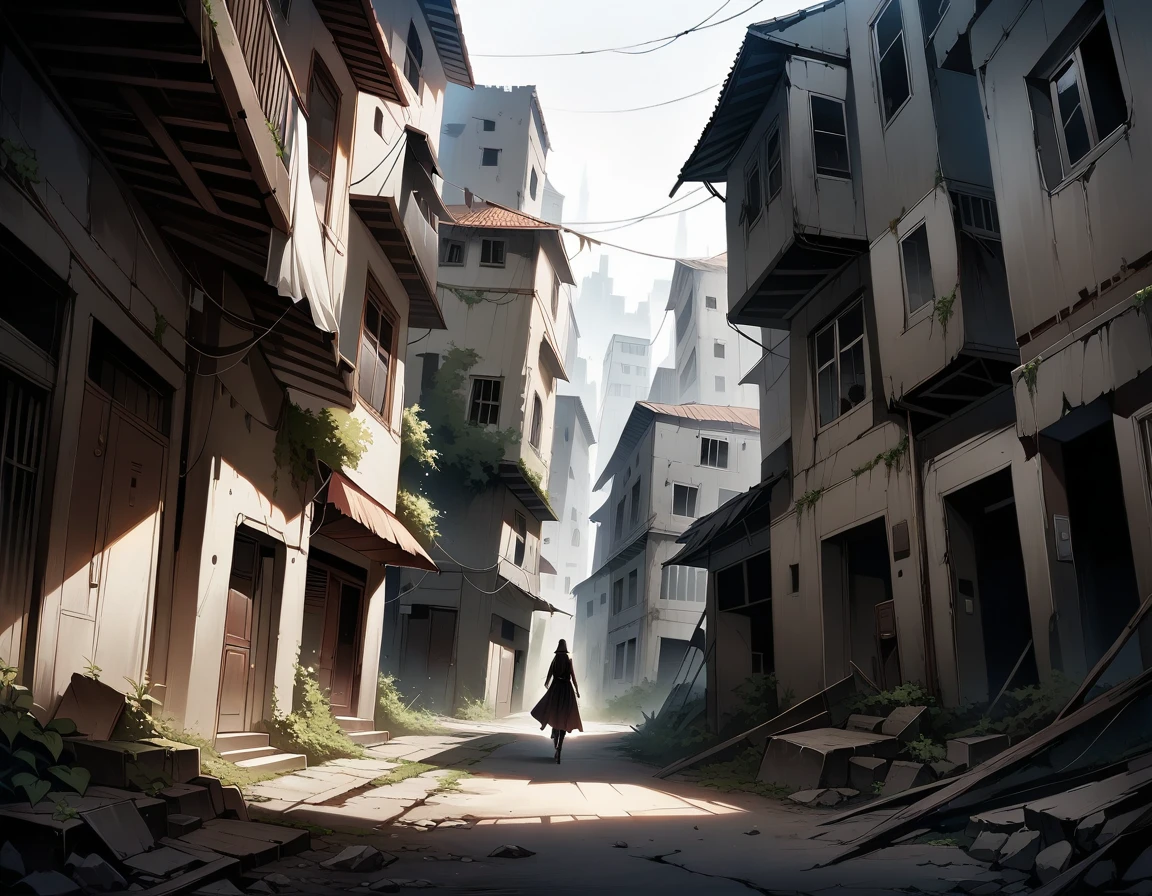 Low-angle shot of a lone stiltwalker navigating through the desolate, abandoned town on the lowest level of the layered city. The only illumination comes from the eerie glow of the infrared-sensing night vision scope, casting an otherworldly light on the crumbling buildings and dusty streets. The camera follows the stiltwalker's steady pace, the creaking of their stilts echoing through the darkness. The air is thick with the haze of neglect and decay, as if the very city itself is suffocating under its own weight., masterpiece, Realistic, raw photo, incredibly absurd resolution, absolute resolution, super high resolution,16k