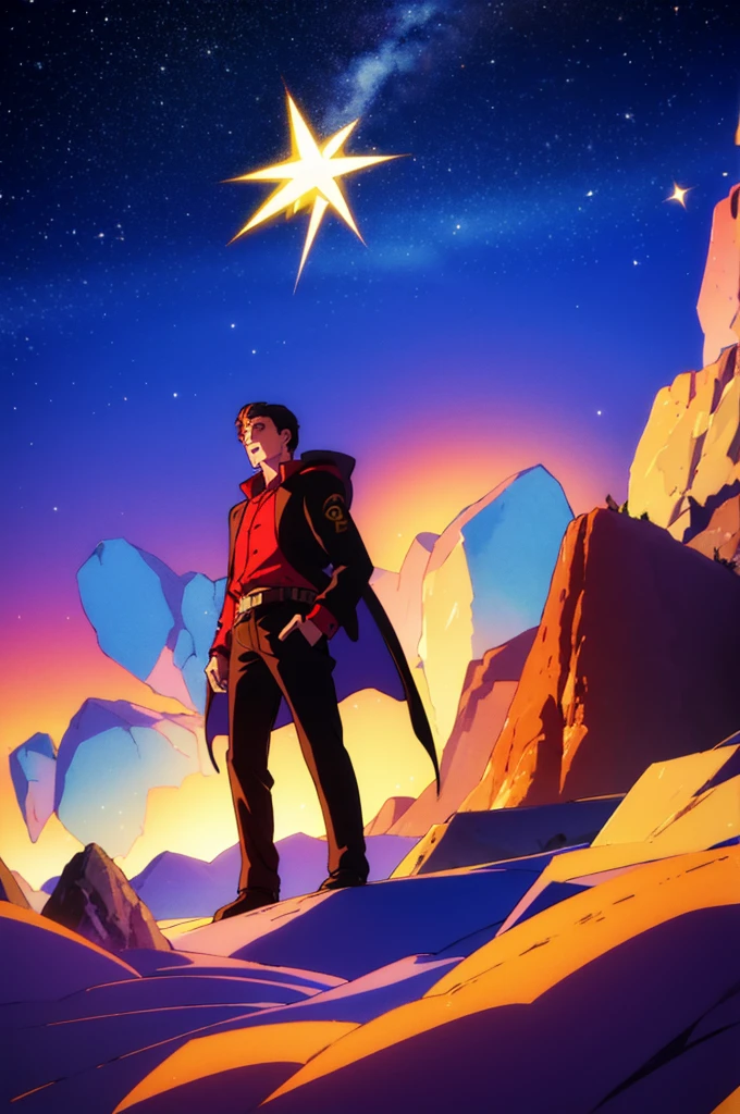 A man and woman stood atop an open mountain at night with a beautiful shooting star.