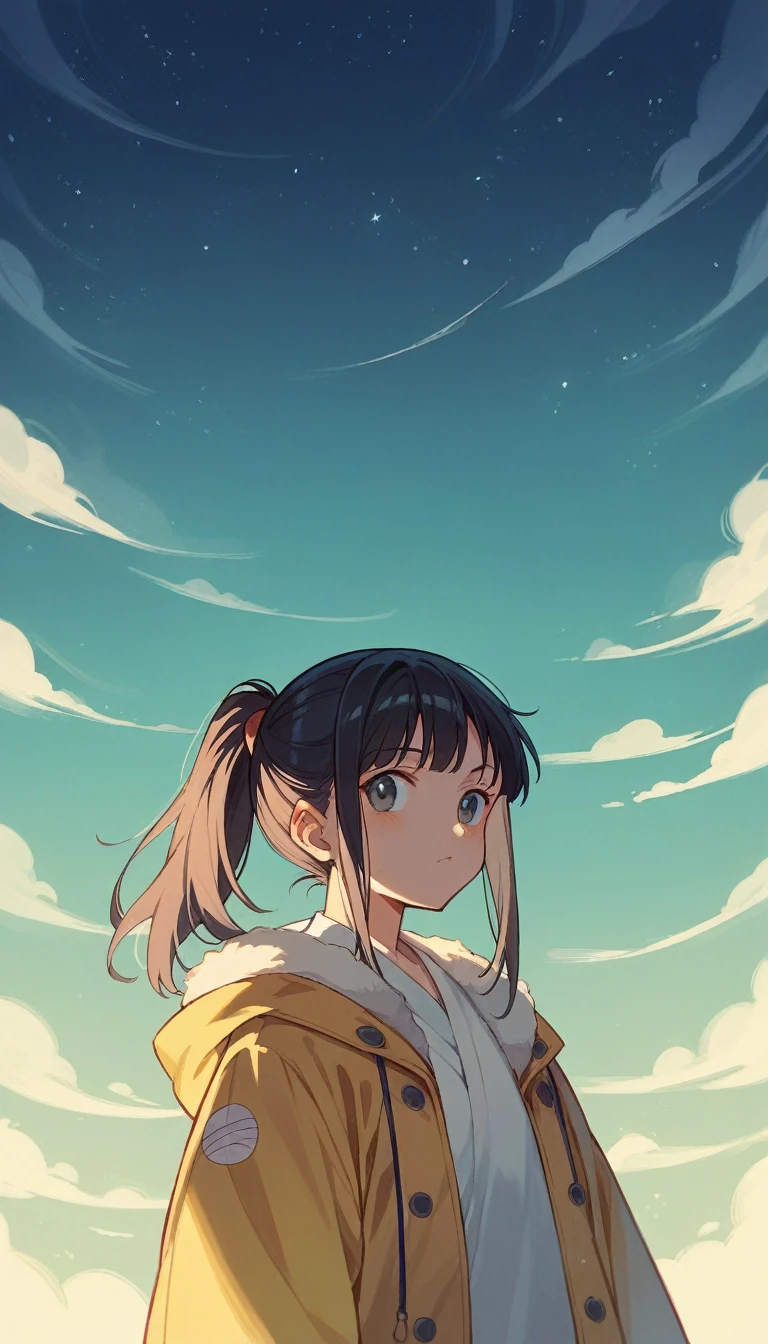 Black hair ponytail wearing summer happi coat、Light-colored happi coat、夏のNight Sky、Japanese Festivals、Night Sky、