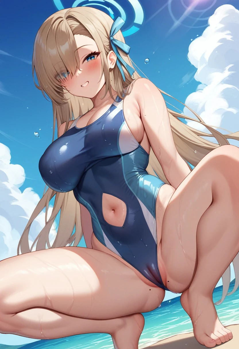 asuna (blue archive), 1girl, solo, long hair, breasts, looking at viewer, blush, bangs, blue eyes, ribbon, navel, swimsuit, hair ribbon, thighs, outdoors, sky, barefoot, alternate costume, day, cloud, water, stomach, mole, hair over one eye, blue sky, wet, one-piece swimsuit, ocean, halo, beach, squatting, light brown hair, blue one-piece swimsuit, partially visible vulva
