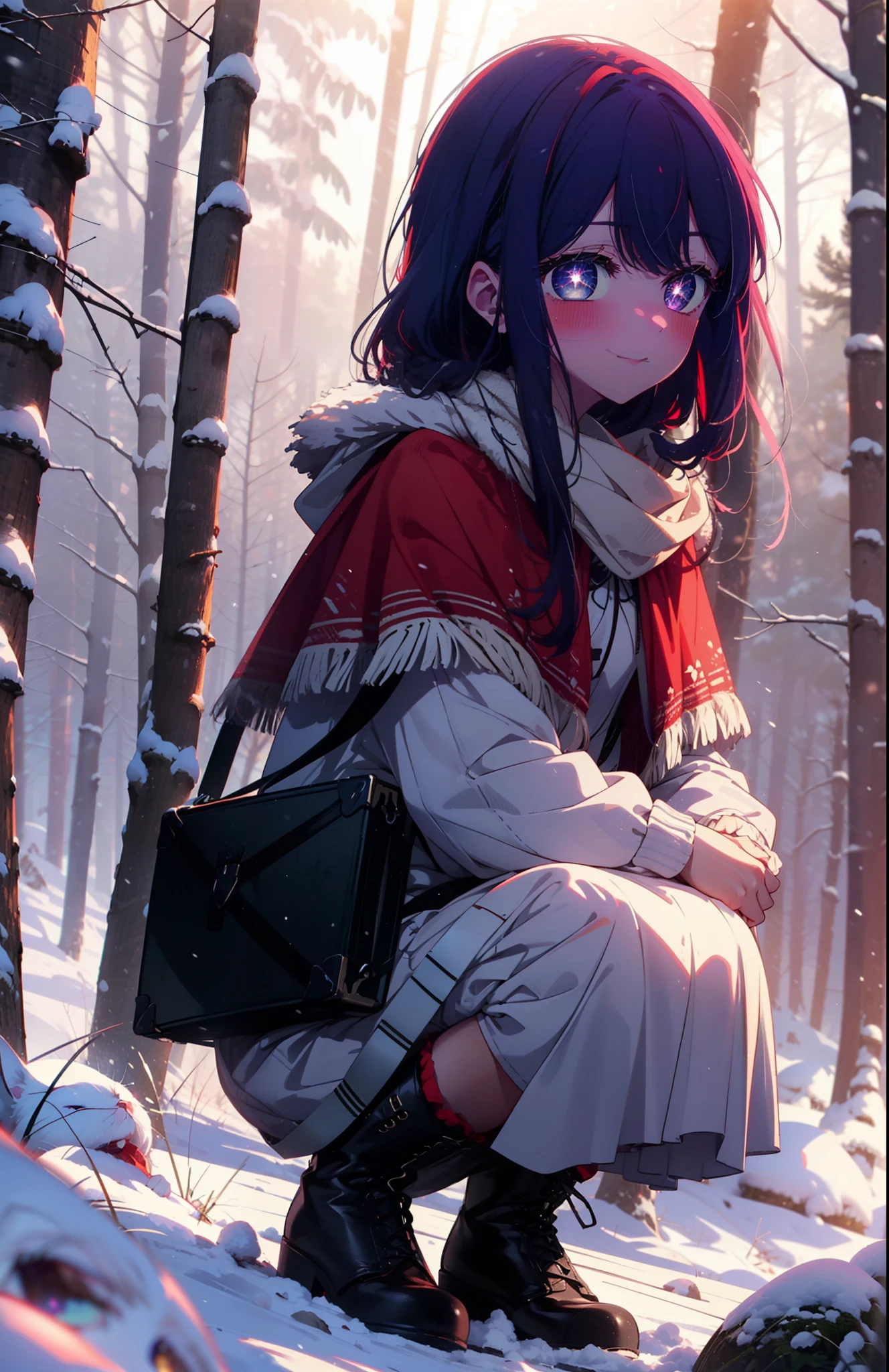 aihoshino, Ai Hoshino, Long Hair, bangs, (Purple eyes:1.1), Purple Hair, (Symbol-shaped pupil:1.5), smile,,smile,blush,white breath,
Open your mouth,snow,Ground bonfire, Outdoor, boots, snowing, From the side, wood, suitcase, Cape, Blurred, , forest, White handbag, nature,  Squat, Mouth closed, Cape, winter, Written boundary depth, Black shoes, red Cape break looking at viewer, Upper Body, whole body, break Outdoor, forest, nature, break (masterpiece:1.2), Highest quality, High resolution, unity 8k wallpaper, (shape:0.8), (Beautiful and beautiful eyes:1.6), Highly detailed face, Perfect lighting, Highly detailed CG, (Perfect hands, Perfect Anatomy),